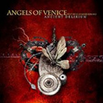 Angels of Venicen albumin "Ancient Delirium" punasävyinen kansitaide. Kuvan yläosassa versaalilla ja vaalealla värillä sekä yhtyeen että albumin nimi. Kuvan keskellä suuri konemainen rakennelma, joka muistuttaa hieman sydäntä. Kuvan laidat palane