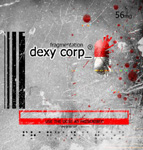 Dexy Corp_ -nimisen goottibändin albumin "Fragmentation" kannessa näkyy sotkuinen vaaleanharmaa tausta, jossa lukee mustalla värillä bändin ja albumin nimi, sekä kuvan oikeassa laidassa pari punaista roisketta. Kuvan alaosassa myös merkityksetön p