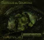 Battle Screamin logo kuvan alaosassa kahdella rivillä EKG-käyrän seassa. Kuvan taustalla tummanvihreä maalaus tai muu abstrakti muoto, joka on limainen ja kuvottava, mutta jota ei voi tunnistaa miksikään tietyksi esineeksi tai hahmoksi. Vasemmassa y