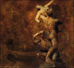 Rajnan albumin "Offering" etukannessa ruskeasävyinen piirros tai valokuva antiikin aikaisesta patsaasta, jossa mies ja nainen piehtaroivat toistensa ympärillä. Kuvassa ei lue tekstiä sanaakaan.