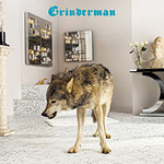Grindermanin "Grinderman 2" -albumin etukannessa valokuva sudesta, joka murisee ja seisoo vaaleassa olohuoneessa. Huone on sisustettu valoisaksi ja moderniksi. Kuvan yläosassa sinisellä värillä lukee Grinderman.