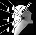 Harmaasävyinen piirros ihmisen kasvojen sivuprofiilista, joka on mustaa taustaa vasten ja jonka korvassa on pitkiä puikkoja. Hahmo huutaa. Sen otsassa lukee Warhol.