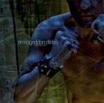 Lähikuva alastomasta miehen ylävartalosta. Mies näyttää nyrkkeilevän. Hänellä toisessa kädessä nahkaranneke. Kuvan vasemmassa yläosassa lukee vaalealla värillä Armageddon Dildos.