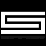 Mustavalkoinen kuva, jossa musta pohjaväri ja sen päällä vitivalkoisella kaksi kulmikasta c-kirjainta taivutettuina toisiinsa kietoutuneiksi.