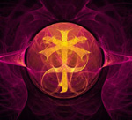 Purppuranpunainen tausta, jota vasten keltainen ristiä muistuttava symboli kuvan pallomaisen muodon keskellä.