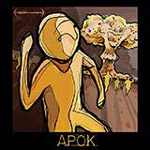 "APOK"-albumin etukannessa ihmistä muistuttava piirros keltaisella värillä. Kuvaa kehystää musta reunaviiva, jonka alaosassa lukee keltaisella "APOK".