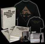 Musta pohjaväri, jota vasten on paitoja ja kirjoja, koteloita ja kuvia.