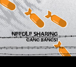 "Gang Bangs!" -albumin etukannessa Needle Sharingin nimi mustalla värillä piikkilanka-aidan välissä. Kuvassa oransseja pommeja satamassa taivaalta.