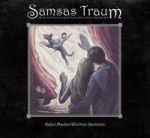 Samsas Traum -logo mustaa taustaa vasten kuvan yläosassa. Kuvan keskellä piirros naisesta ja miehestä heiluttamassa käsiään koiran selässä lentävälle ihmislapselle.