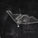 Musta tausta, jota vasten osittain läpinäkyväksi piirretty stealth-hävittäjän kuva vaaleanharmaalla värillä.