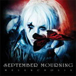 "Melancholia"-albumin kannessa vaaleahiuksinen ihminen, jonka toinen silmä mustaksi maalattu. Kuvan alaosassa September Mourningin logo.