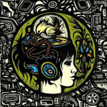Koristeellinen piirros naisen sivuprofiilista siten, että pään päällä ja ympärillä abstrakteja muotoja ja värejä.