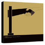 Valkoinen tausta, jonka päällä vaaleanruskeasta ja mustasta väristä muotoiltu laatikko. Laatikon päällä kuva kahdesta kourasta kättelemässä.