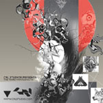 Vaaleanharmaata taustaa vasten mustia ja punaisia muotoja, viivoja, symboleja ja merkkejä.