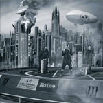 Harmaasävyinen kuva suurkaupungista, jonka taivaalla lentää zeppeliini.