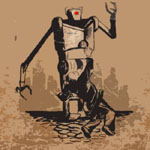 Vaaleanruskea tausta, jota vasten piirros alkeellisesta robotista. Robotilla pitkät ohuet käsivarret ja punainen valo päälaatikossa.