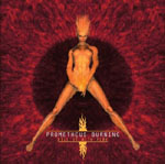 Valokuva alastomasta naisesta, joka liekehtii. Kuvan taustalla tummanpunaista väriä, joka muodostaa ympyrän naisen taakse.