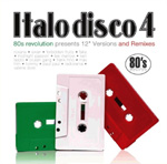 Valkoinen tausta, jota vasten vihreä, valkoinen ja punainen äänikasetti. Kuvan yläosassa lukee mustalla värillä "Italo Disco Vol. 4".