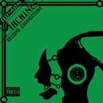 Vihreä tausta, jota vasten mustalla värillä koneita ja ihmisen kasvojen siluettia muistuttavia muotoja. Vasemmassa yläkulmassa lukee mustalla värillä jotain tekstiä.