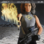 "Adolph's Library" -singlen etukannessa harmaaseen puseroon pukeutunut nainen, joka pitää futuristista tuliasetta kädessään. Toisessa kädessä liekehtivä miekka.