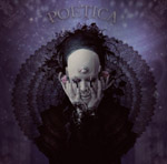 Kalpea ihmishahmo, jonka otsasta kasvaa silmä, pitelee käsiällään kalpeita elottomia kasvojaa. Tausta on koristeellinen, violetti ja synkkä.