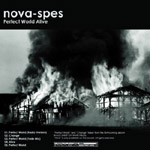 Harmaasävyinen valokuva palavista rakennusten raunioista. Kuvan yläosassa mustaa taustaa vasten Nova-Spesin nimi ja alaosassa pientä pränttiä.
