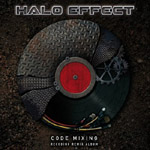 Tummanharmaata taustaa vasten ympyrä, joka on metallinhohtoinen ja jonka keskellä on punainen täplä. Kuvan yläosassa Halo Effectin logo.