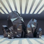 Mustia, kulmikkaita ja kiilteleviä kivipaaseja rivissä.