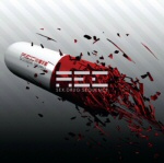 "Sex.Drugs.Sequence"-albumin etukannessa kapseli tai pilleri, jonka toinen puoli hajoaa punaiseksi mössöksi.