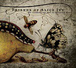 Mehiläinen, perhonen ja toukka sommiteltu päärynän viereen. Kuvan yläosassa Friends of Alice Ivyn logo.