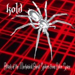 Mustaa taustaa vasten punaisia juovia eri suuntiin, joiden päällä hopeiselta näyttävä hämähäkki.