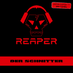 Musta tausta, jota vasten punaisella värillä tyylitelty pääkallo, jolla päässään korvakuulokkeet. Kallon alla lukee Reaper.