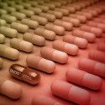 Kuvassa monta riviä kapseleita, joista yksi hohtaa kullankeltaisena.