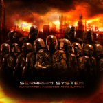 Synkkä piirros tai maalaus liekehtivästä suurkaupungista, jonka edustalla rivissä kypäräpäisiä sotureita.