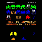 Mustaa taustaa vasten Space Invaders -tyylinen kuva, jossa värikkäitä monstereita ja niiden seassa lukee "This Is Invasion" ja Seraphim Systemin nimi.