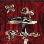 Tummanpunainen tausta, jota vasten erilaisia sarjakuvamaisia hahmoja ja piirustuksia.