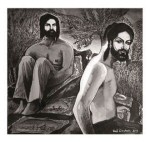 Harmaasävyinen piirros tai maalaus kahdesta mustahiuksisesta miehestä.