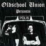 Mustaa taustaa vasten valkoisella värillä Oldschool Unionin ja "Perjantai"-albumin nimi goottilaisella fontilla.