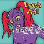 Sarjakuvamainen piirroshahmo violettiin asuun pukeutuneesta feminiinisestä hahmosta. Oikeassa yläkulmsasa keltaisella Lords of Acid -logo.