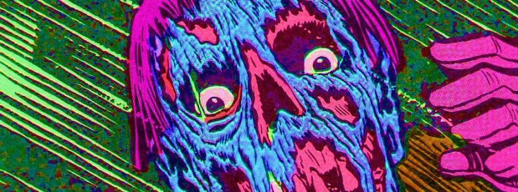 Sarjakuvamainen piirros värikkäästä zombista, joka irvistelee ihmeissään.