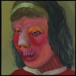 Maalaus tai piirros ihmistä muistuttavan hahmon päästä, joka vinksin vonksin ja täysin punainen, ja jolta puuttuu huulet.