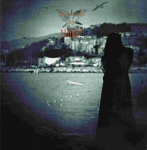 Voimakaskontrastinen valokuva ihmisen siluetista. Henkilö seisoo rannalla. Taustalla kaupunki.