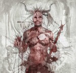 Vesivärimaalaus ihmismäistä olentoa muistuttavasta hahmosta, jokaa pitää kädessä valtikkaa ja piikikästä möhkälettä.