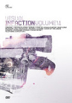 "Visual Infaction Vol 1" -DVD:n kansikuva. Siinä näkyy vaaleata taustaa vasten abstrakteja ja futuristisia symboleita ja rakennelmia. Yläosassa violetilla värillä julkaisun nimi ja paljon pientä tekstiä mustalla värillä.