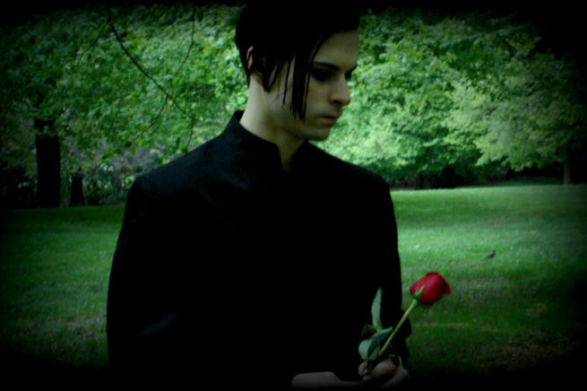 James D. Stark seisoo vehreän luonnon helmassa yllään mustat vaatteet. Miehellä musta puolipitkä polkkatukka ja käsissään hän hypistelee punaista ruusua. Kuva on varjostettu laidoilta mustalla värillä.